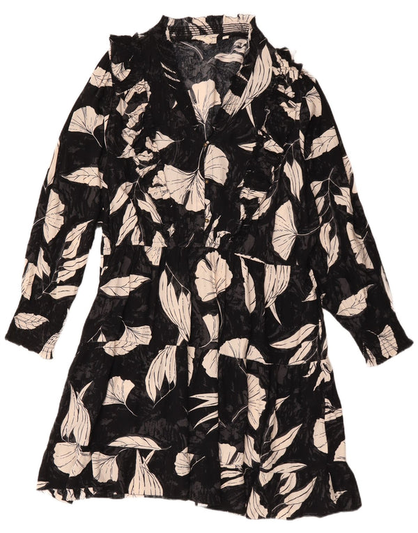 Fat Face Damen-Langarm-A-Linien-Kleid UK 18 XL Schwarz geblümte Viskose