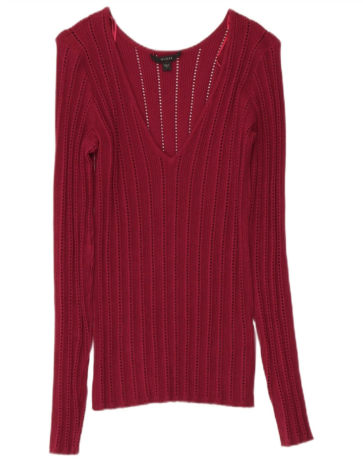 GUESS Damen-Pullover mit V-Ausschnitt, UK 12, Medium Burgundy Rayon