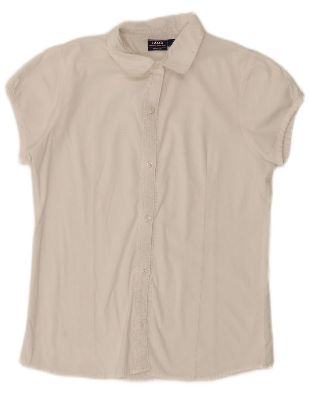 IZOD Mädchen-Hemdbluse mit Rüschen vorne, kurzärmelig, 14–15 Jahre, Größe L, Weiß