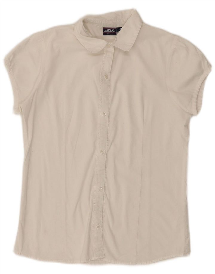 IZOD Mädchen-Hemdbluse mit Rüschen vorne, kurzärmelig, 14–15 Jahre, Größe L, Weiß