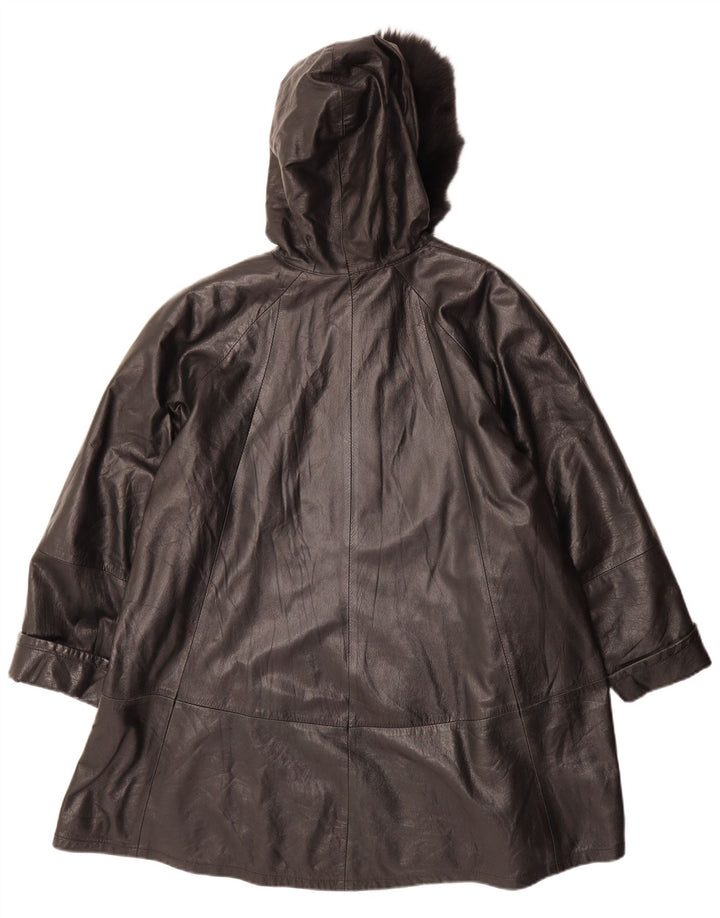 VINTAGE Übergroßer Damen-Ledermantel mit Kapuze IT 42 Mittelschwarzes Leder