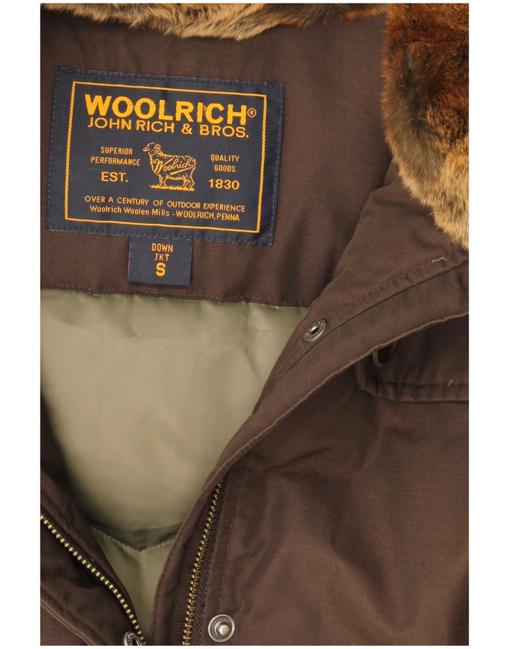 Woolrich Wattierter Damenmantel mit Kapuze, UK 10, Größe S, braune Baumwolle