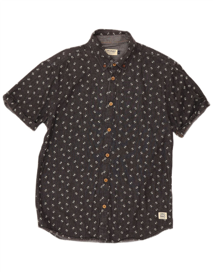 Jack & Jones Herren-Hemd mit abstraktem Muster, kurzärmelig, groß, aus grauer Baumwolle