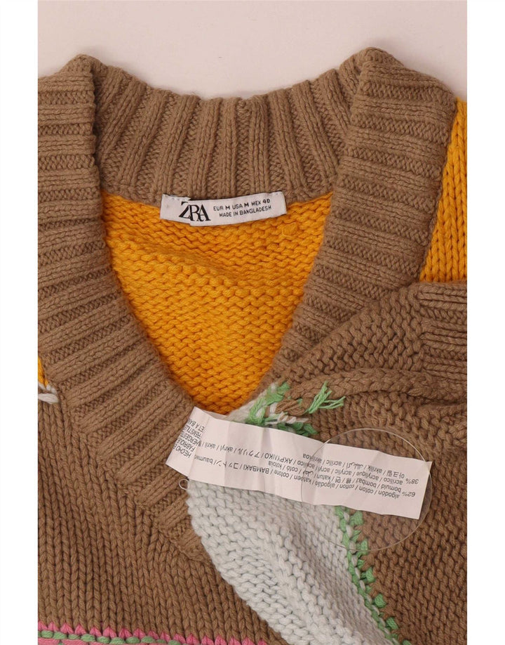 Zara Herren-Pullover mit V-Ausschnitt, mittelgroß, mehrfarbig, gestreift, Baumwolle