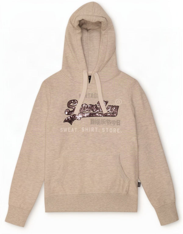 Superdry Graphic Hoodie-Pullover für Damen, UK 12, mittelgrau gefleckte Baumwolle