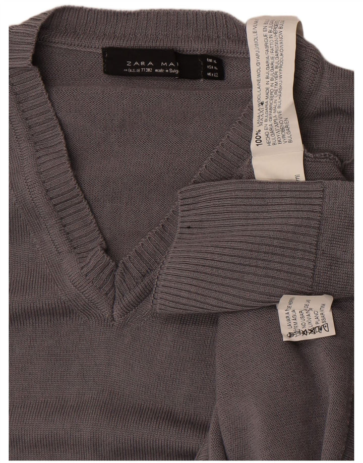 Zara Herren-Pullover mit V-Ausschnitt, XL, graue Wolle