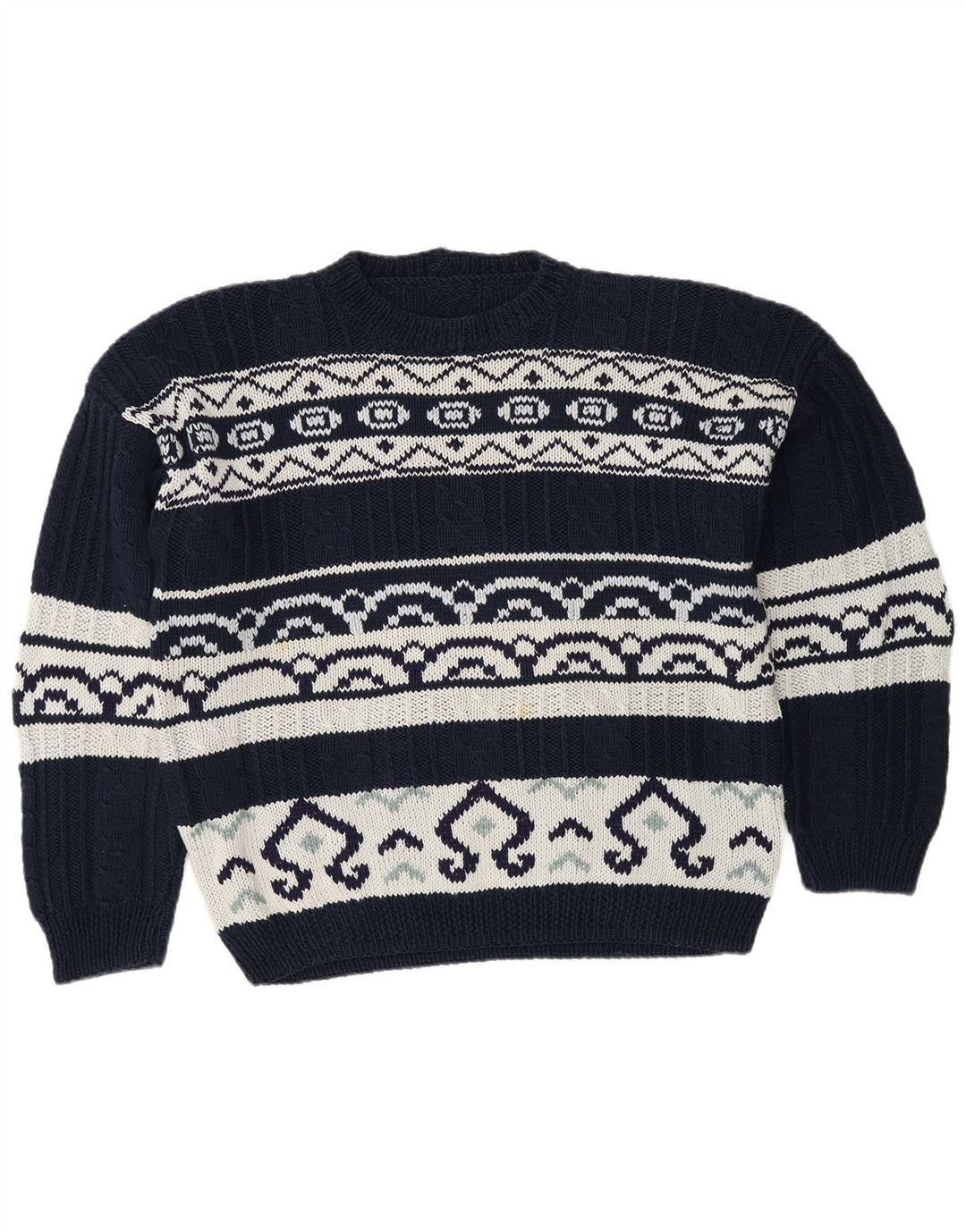Vintage Herren Pullover mit Rundhalsausschnitt, groß, Marineblau, Fair Isle