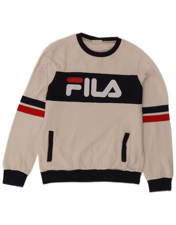 Fila Damen Grafik-Sweatshirt-Pullover UK 6 XS Weiße Colourblock-Baumwolle