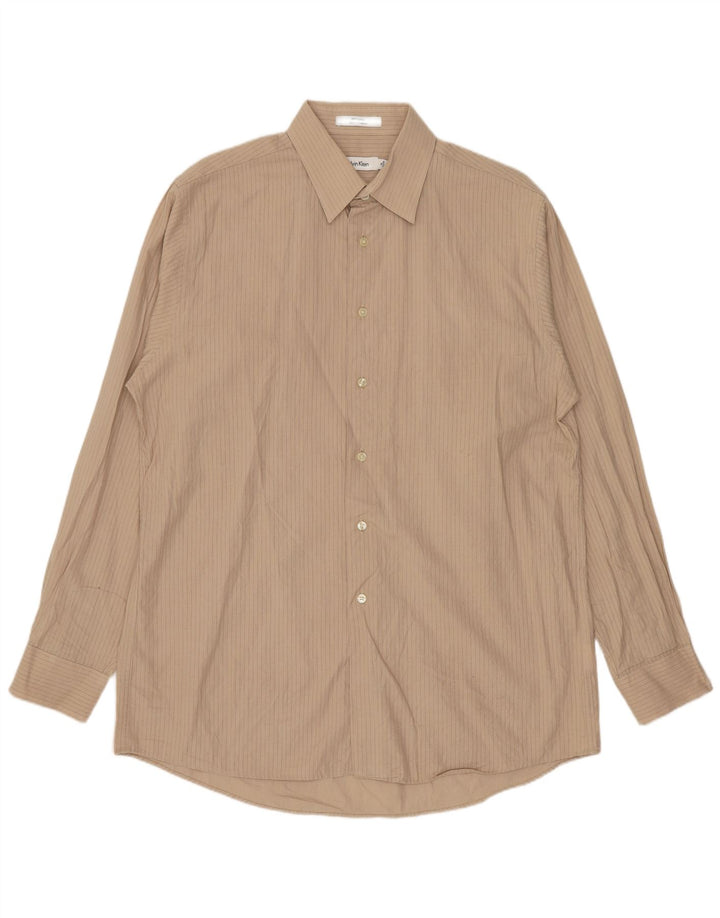 Calvin Klein Herrenhemd, Größe 16, große beige gestreifte Baumwolle