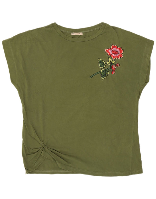 Zara Damen Grafik-T-Shirt-Oberteil UK 16 Large Khaki Baumwolle