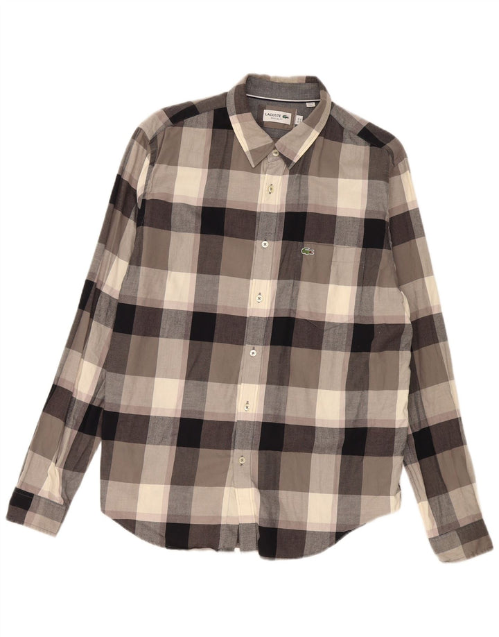 Lacoste Herren-Flanellhemd mit normaler Passform, Größe 44, XL, grau karierte Baumwolle
