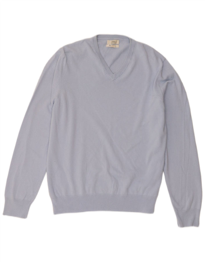 Marks & Spencer Herren-Pullover mit V-Ausschnitt, XL, blaue Baumwolle