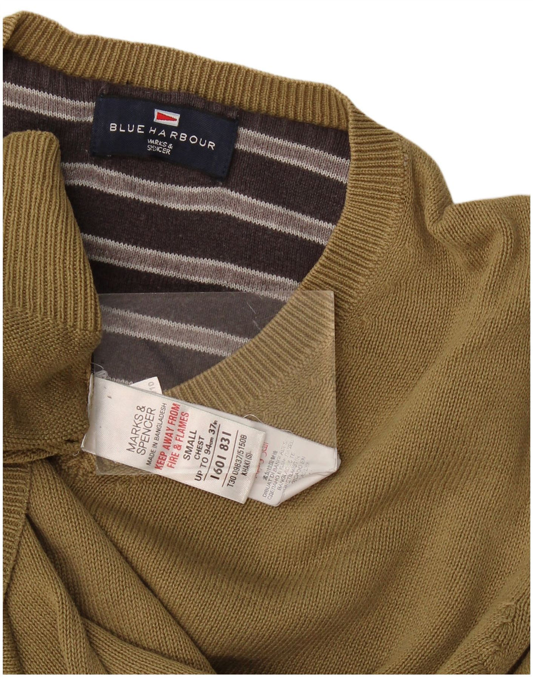 Marks & Spencer Herren Blue Harbor V-Ausschnitt Pullover Pullover Small Khaki Baumwolle