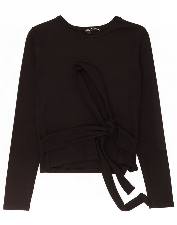 Zara Womens Front Tie Top Langarm UK 8 Small Schwarz