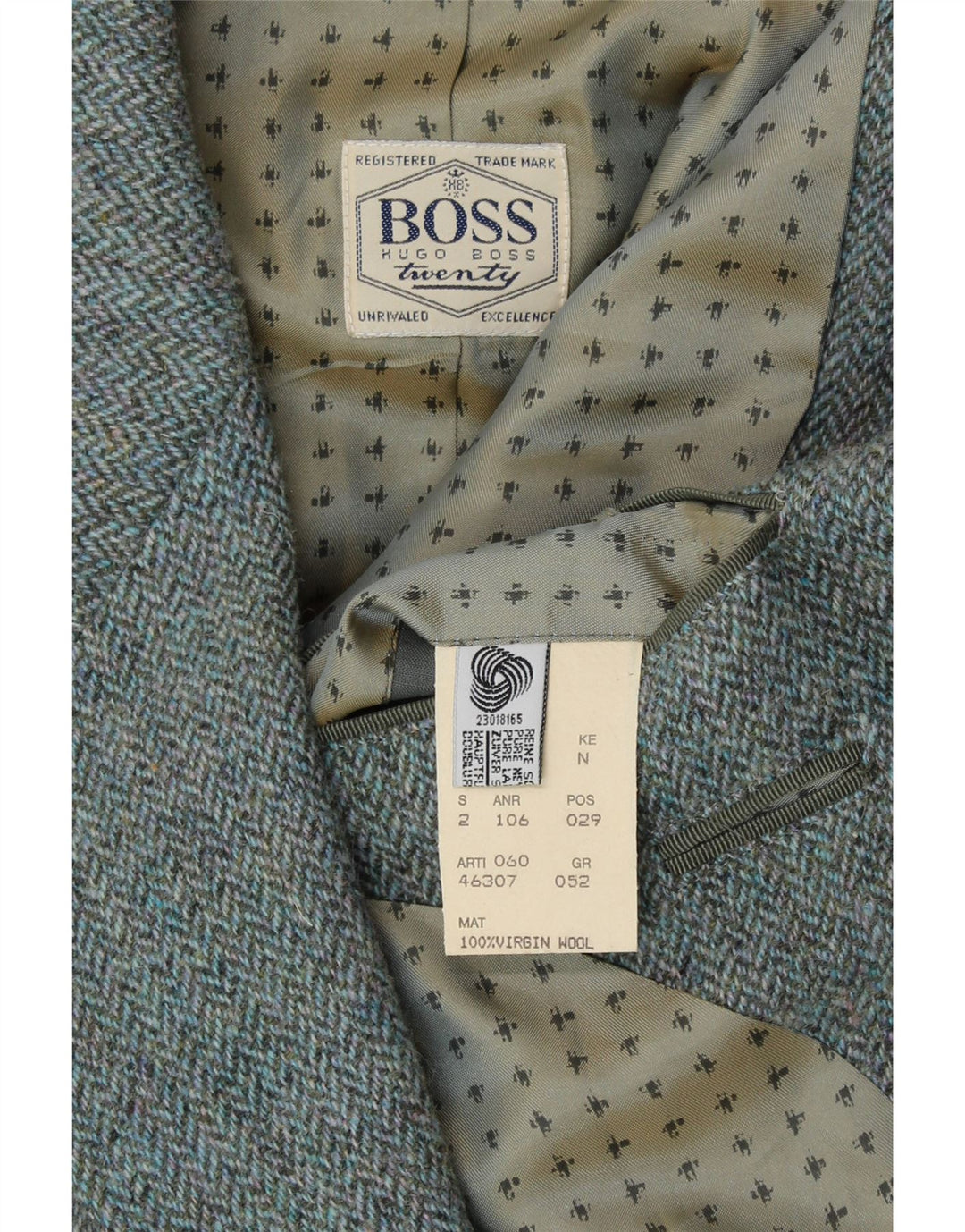 HUGO BOSS Herren 2-Knopf-Blazerjacke IT 52 XL Blaue Fischgräten-Schurwolle