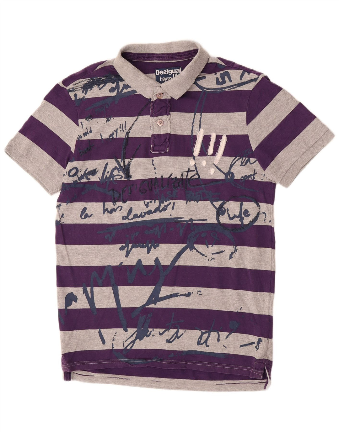 Desigual Herren-Poloshirt mit Grafik, groß, grau gestreift, Baumwolle