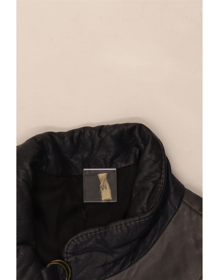 VINTAGE Damen Lederjacke UK 14 Mittelgrauer Farbblock