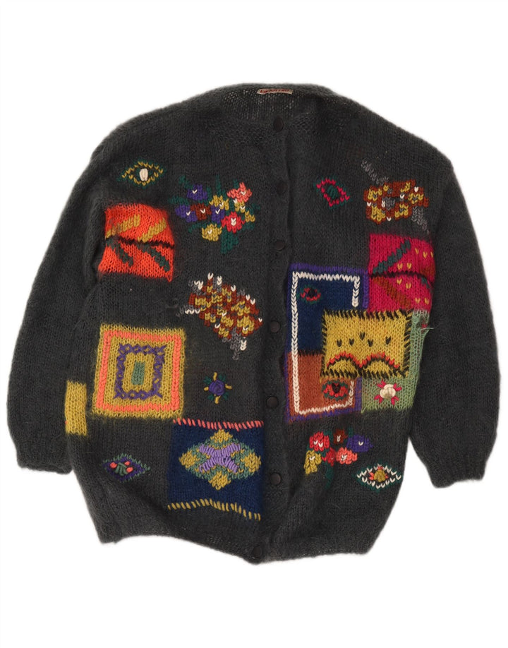 Vintage Damen Grafischer Cardigan Pullover UK 18 XL Grau Patchwork