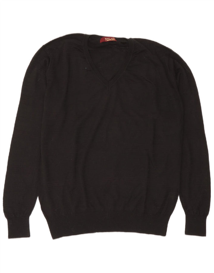 Zara Herren-Pullover mit V-Ausschnitt, durchsichtig, XL, schwarze Wolle