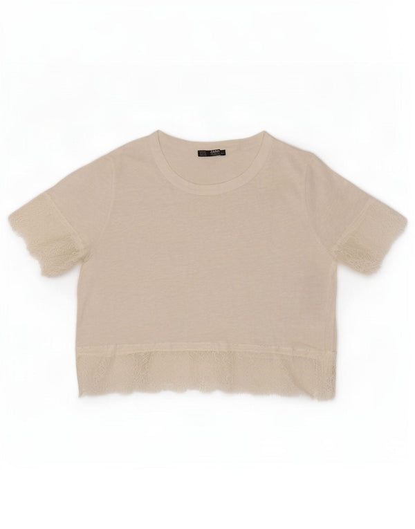 Zara Damen Crop Bluse Top UK 12 Mittelweißes Leinen