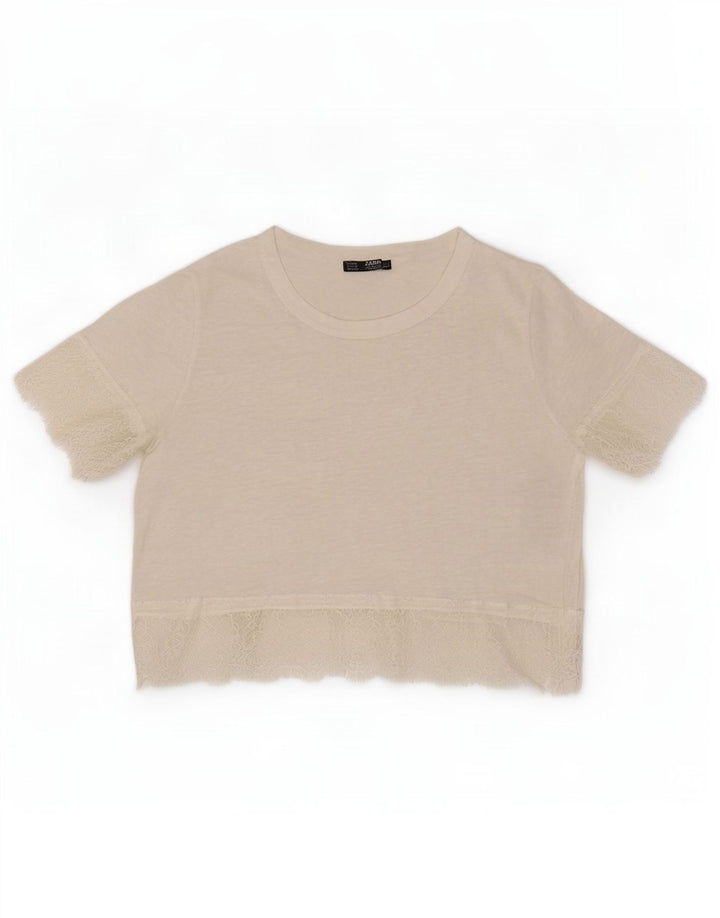 Zara Damen Crop Bluse Top UK 12 Mittelweißes Leinen