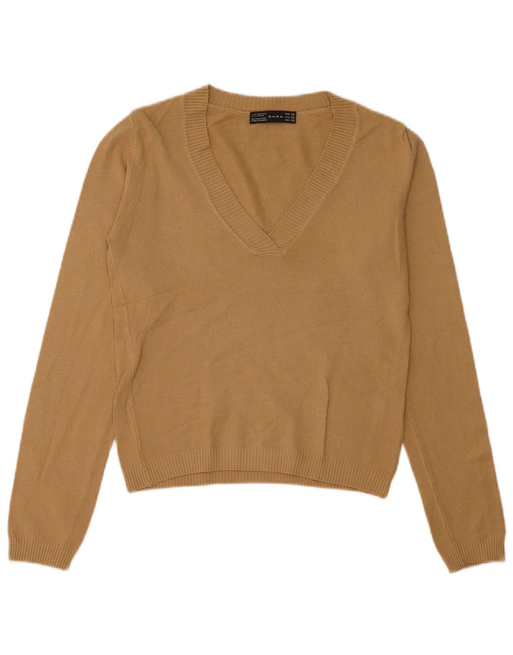 Zara Damen-Pullover mit V-Ausschnitt, UK 12, Mittelbeige, Acryl