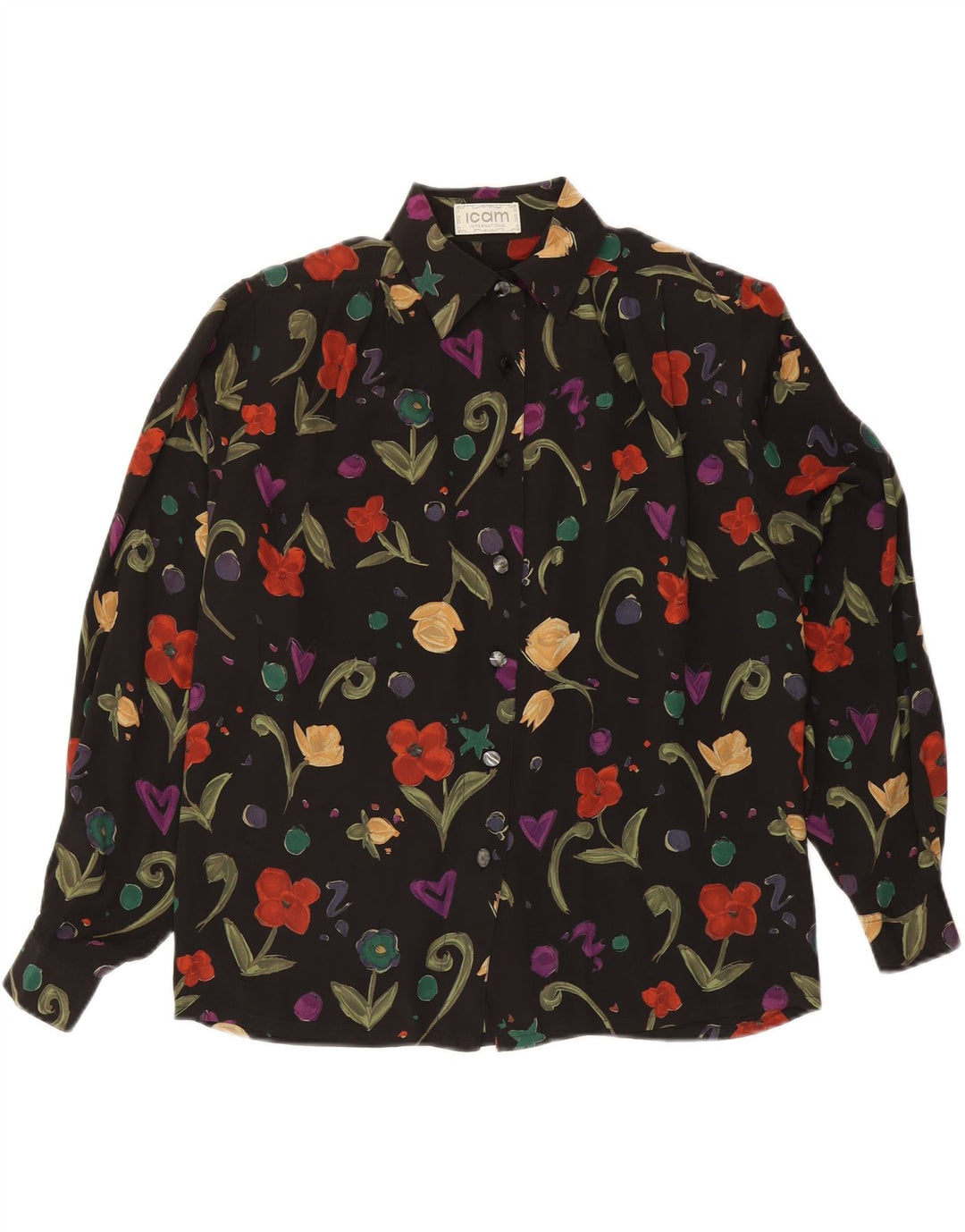 ICAM Damen-Hemdbluse, Größe 46, großes, schwarzes, geblümtes Acetat