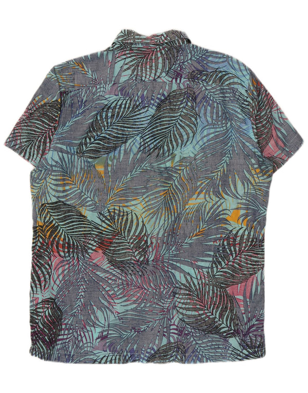 Pull & Bear Herren-Kurzarmhemd, groß, blau, geblümt, hawaiianische Baumwolle