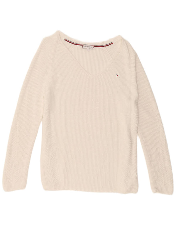 Tommy Hilfiger Damen-Pullover mit V-Ausschnitt, UK 14, mittelweiße Baumwolle