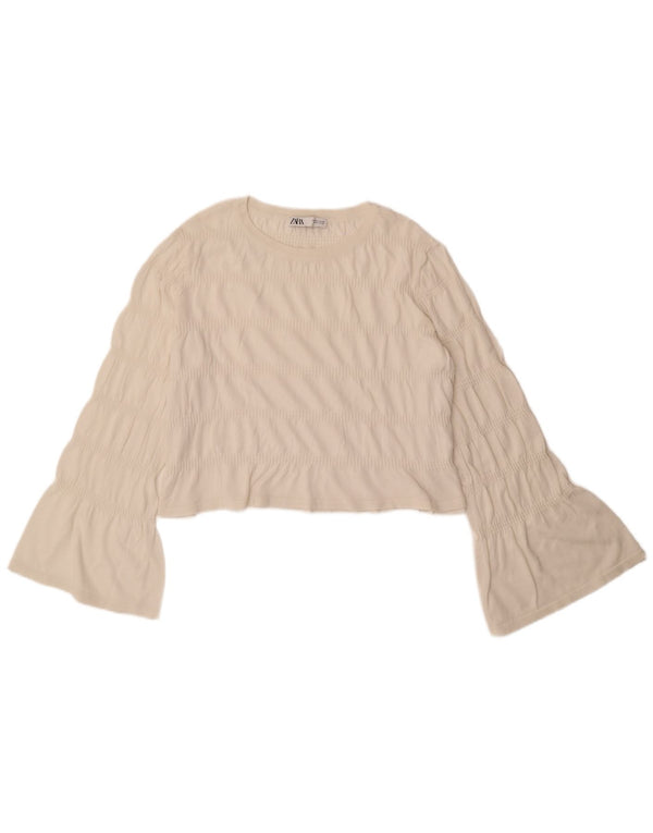 Zara Damen Crop Langarm Bluse Top UK 16 Large Weiß