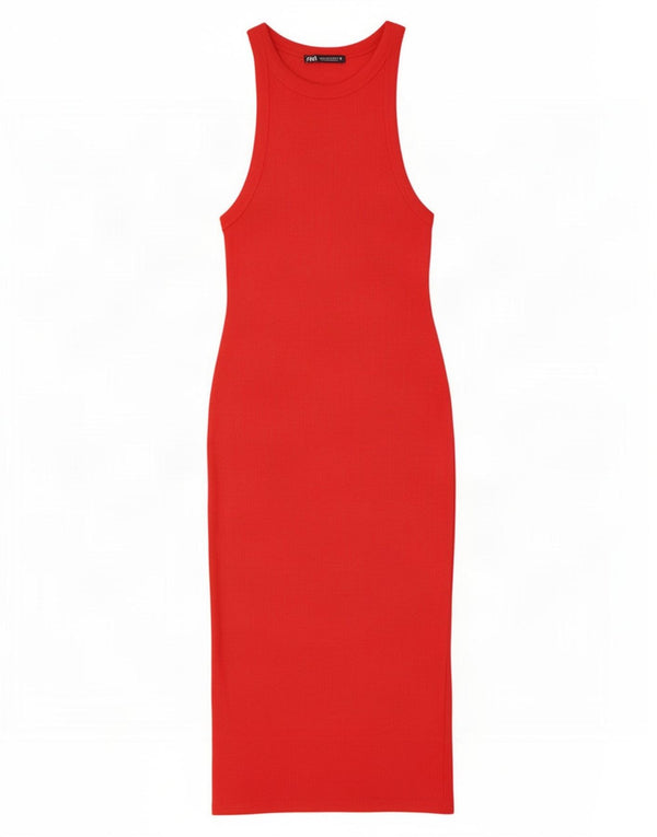 Zara Damen Ärmelloses, figurbetontes Kleid UK 12 Mittelrote Baumwolle