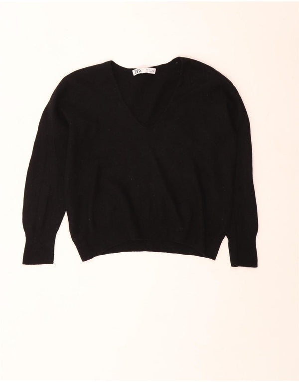 Zara Damen Crop V-Ausschnitt Pullover Pullover UK 10 Small Schwarze Wolle