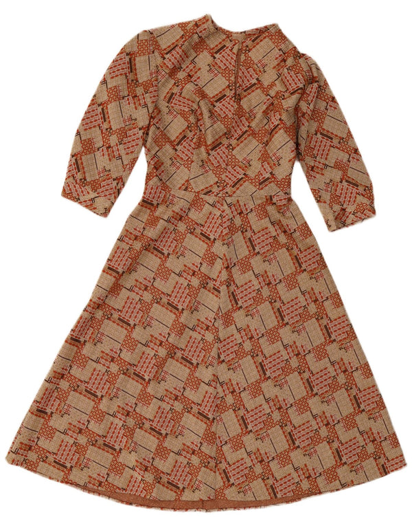 Vintage Damen 3/4-Ärmel A-Linien-Kleid UK 10 Small Brown Geometrisch