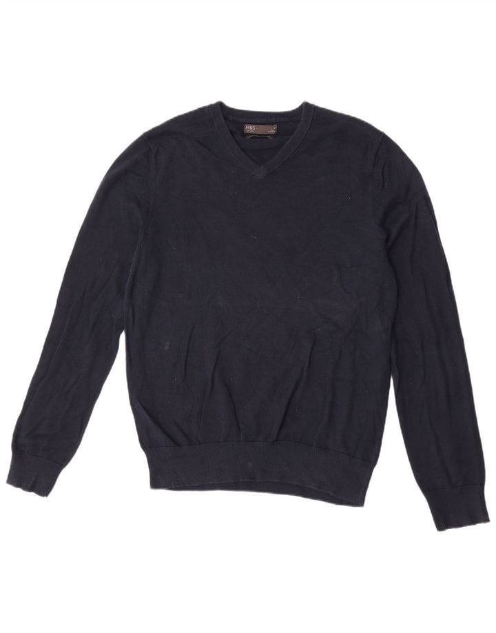 Marks & Spencer Herren-Pullover mit V-Ausschnitt aus mittelblauer Baumwolle