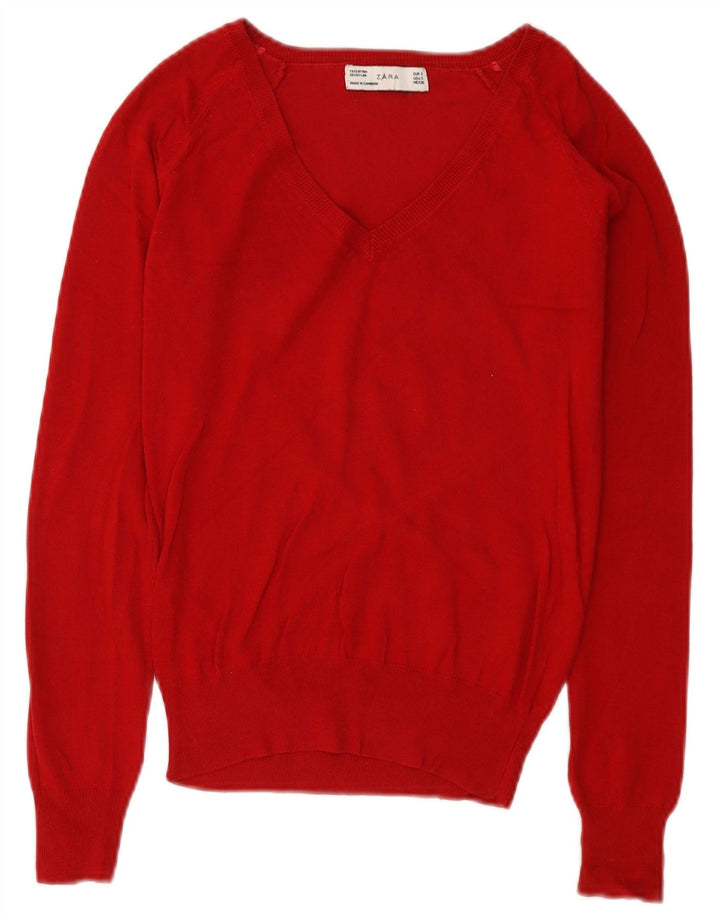 Zara Damen-Pullover mit V-Ausschnitt, Gr. 8, Größe S, rot, Baumwolle