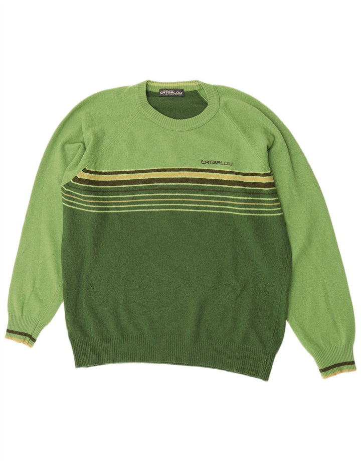 Catbalou Herren-Pullover mit Rundhalsausschnitt, groß, grün gestreift, Wolle