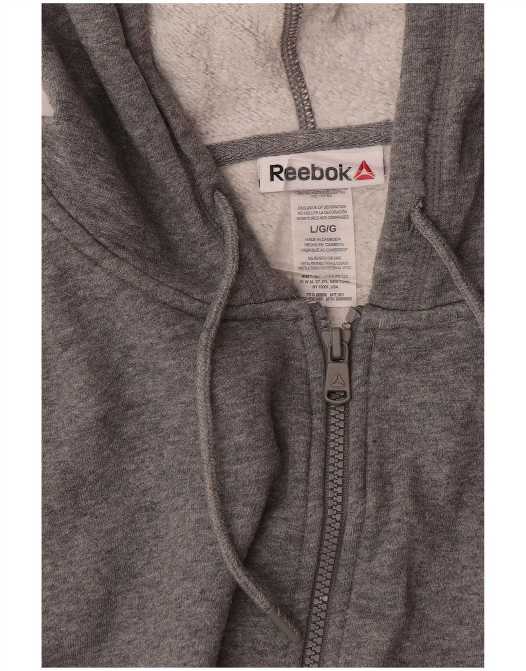 Reebok Herren-Kapuzenpullover mit Reißverschluss, groß, graue Baumwolle