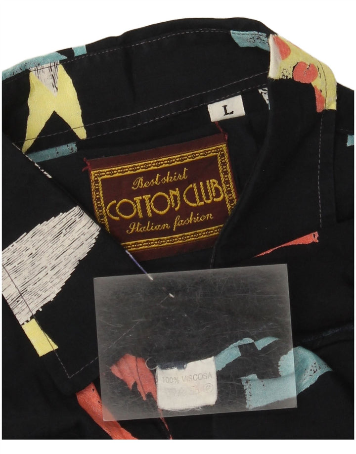 Cotton Club Herren-Hemd mit abstraktem Muster, kurzärmelig, groß, schwarze Viskose
