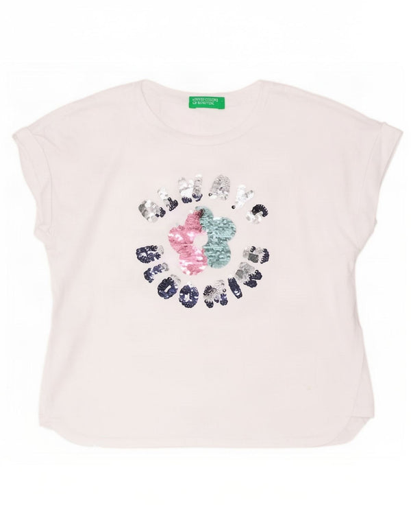 Benetton Mädchen-T-Shirt mit Grafik, 6–7 Jahre, Größe S, weiße Baumwolle