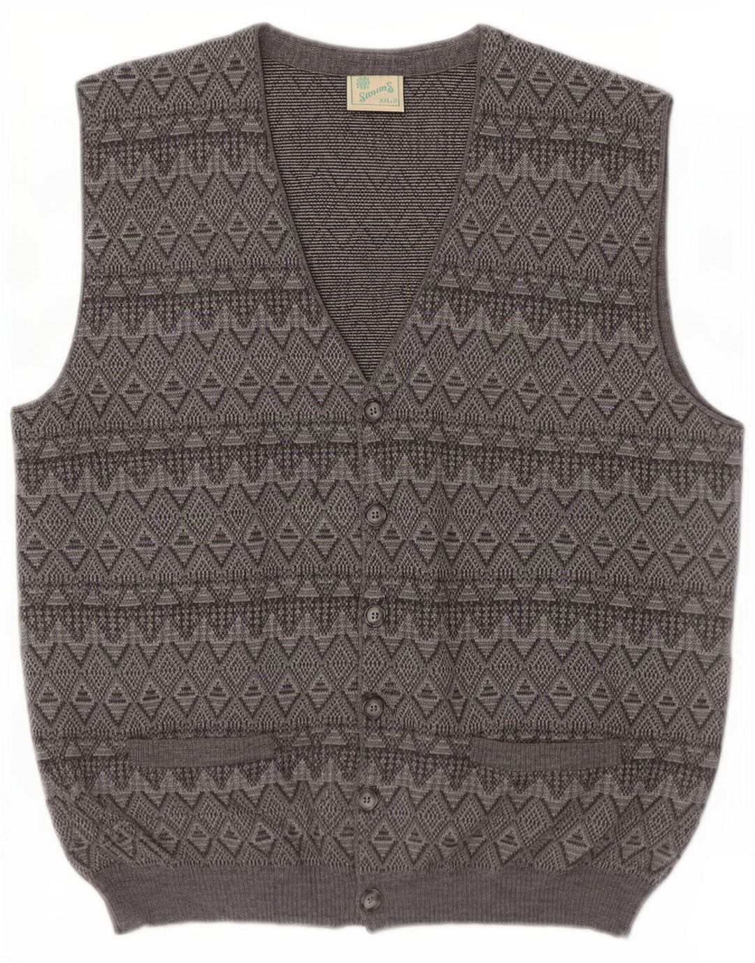 Vintage Herren Ärmelloser Cardigan Pullover 2XL Grau Argyle/Diamant