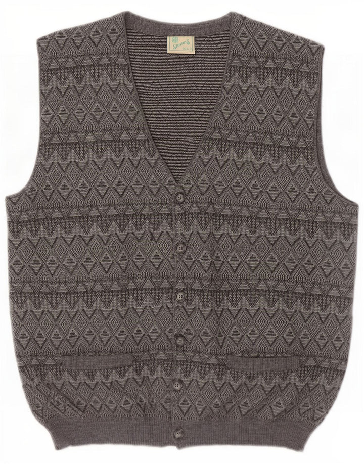 Vintage Herren Ärmelloser Cardigan Pullover 2XL Grau Argyle/Diamant