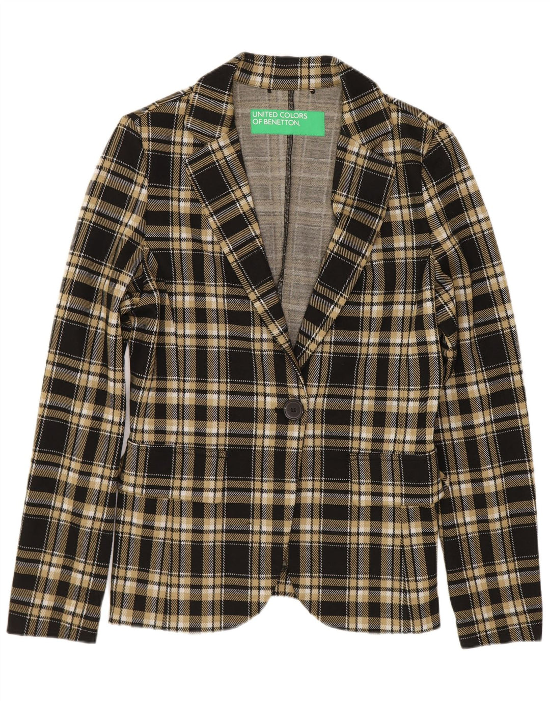 Benetton Damen-Blazer mit 1 Knopf, Gr. 10, Größe S, schwarz, kariert, Polyester