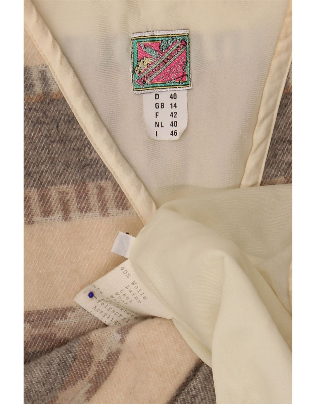Vintage Damen Gilet UK 14 Große beige geometrische Wolle