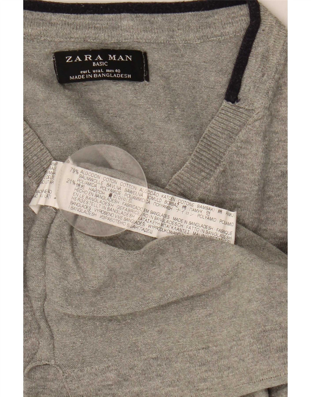 Zara Herren-Pullover mit V-Ausschnitt, groß, graue Baumwolle