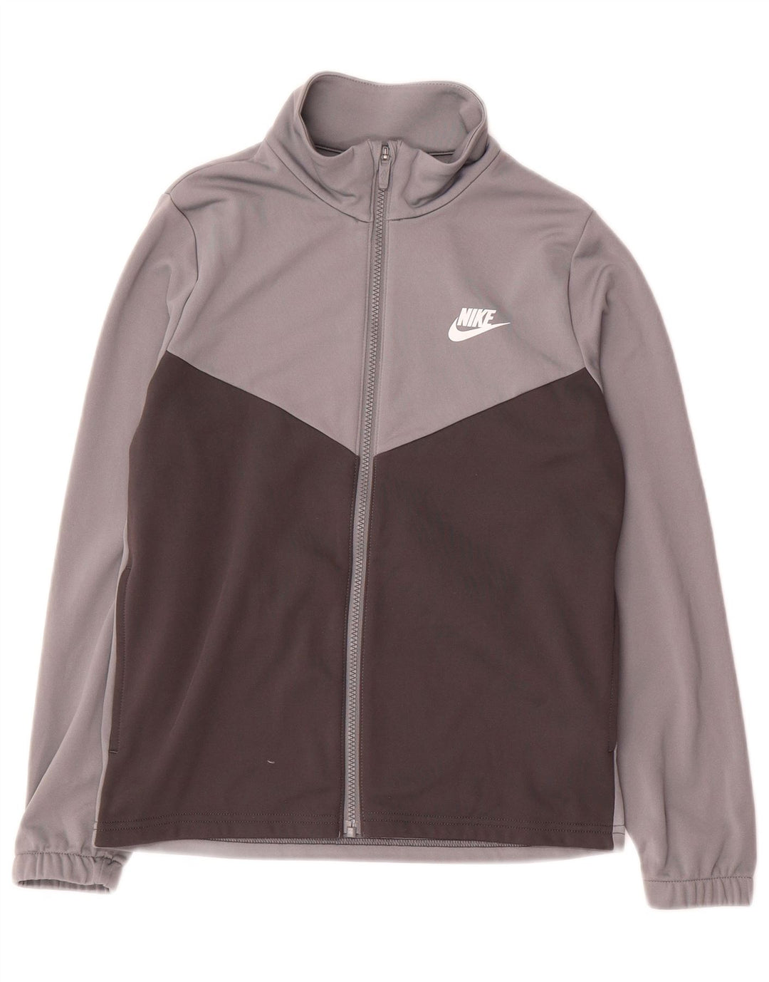 Nike Jungen-Trainingsanzugoberteil mit Grafik, 12–13 Jahre, Größe L, Grau, Farbblock