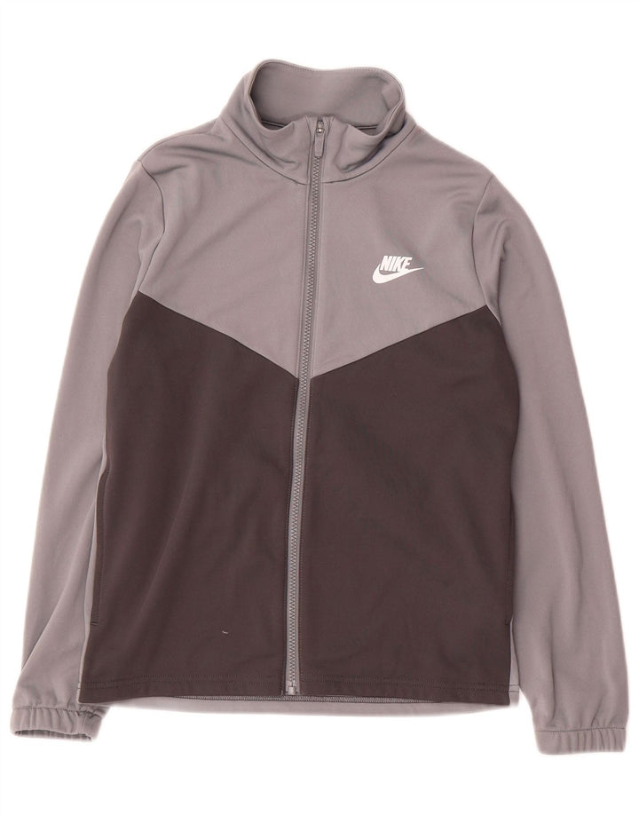 Nike Jungen-Trainingsanzugoberteil mit Grafik, 12–13 Jahre, Größe L, Grau, Farbblock