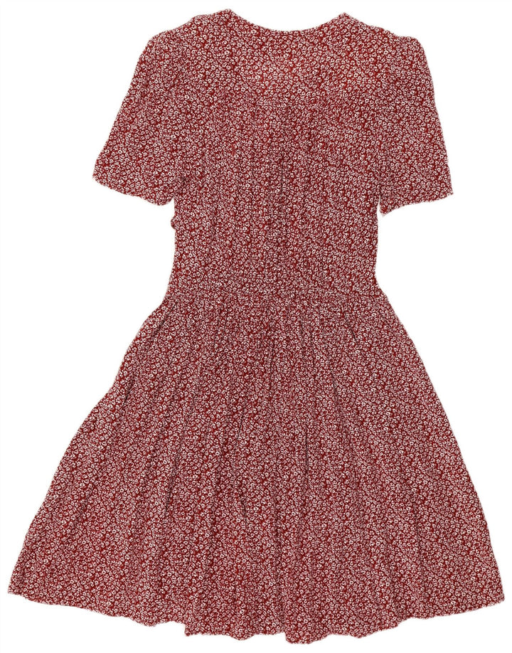 VINTAGE Damen Empire-Kleid UK 14 Großes Burgunderrot mit Blumenmuster