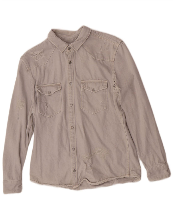 Zara Herren Distressed Relaxed Fit Jeanshemd mittelgraue Baumwolle