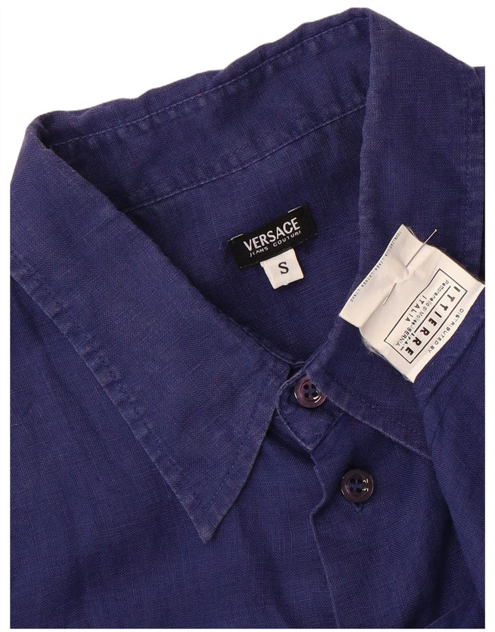 Versace Herren Kurzarmhemd Small Marineblaues Leinen