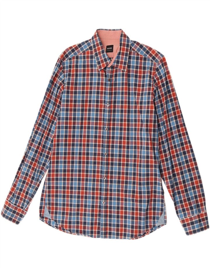 Hugo Boss Herren-Hemd mit normaler Passform, mittelblau karierte Baumwolle